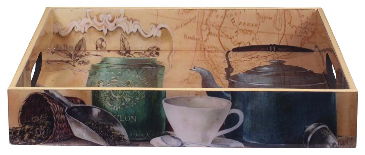 Buy in Bulk Wholesale Serving Tray in MDF - Multicolored - 8” Hand-Crafted Decorative Tray with ‘Darjeeling Tea & Kettle’ Pattern - Classic Serve-Ware/Decor/Gifts from India
